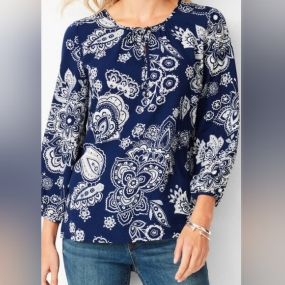 Talbots 3/4 Sleeve Smocked Cuff Blue Paisley Tie Neck Blouse Size Large - Picture 1 of 6